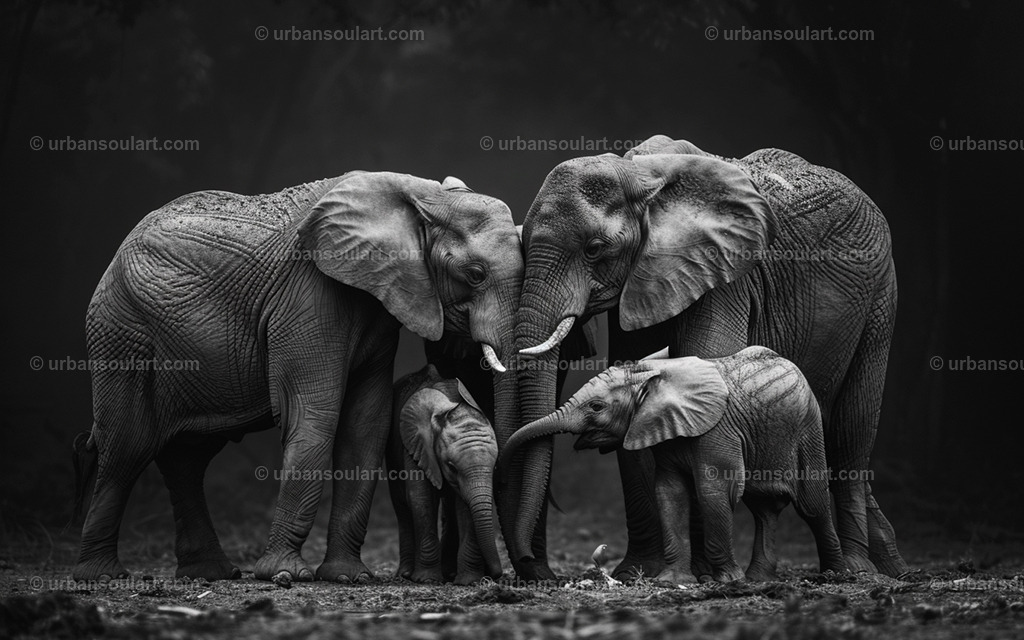 Group Of Elephants In The Dark | A touching black-and-white image of a family of elephants encircling their young, showcasing the bond and protection within the herd. This heartwarming piece is perfect for animal lovers and adds warmth and emotional depth to any decor. - Realisiert mit Pictrs.com