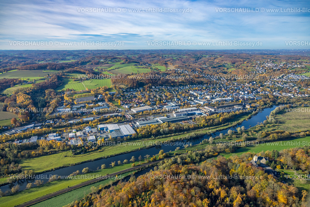 Wetter251104299 | Luftbild, Fluss Ruhr und Gewerbegebiet Auf der Bleiche, waldige Hügelandschaft mit Fernsicht, herbstliche Bäume, Wengern, Wetter, Ruhrgebiet, Nordrhein-Westfalen, Deutschland