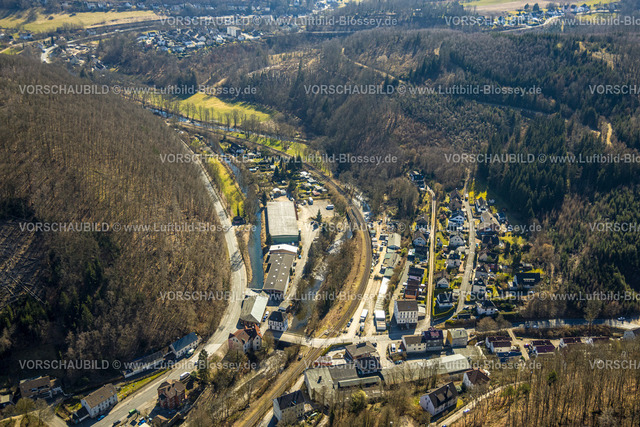 Hagen250303955 | Luftbild, Bahnübergang Osemundstraße und Brücke über den Fluss Volme, Volme Brücke an der Bundesstraße B54 Prioreier Straße, Dahl, Hagen, Ruhrgebiet, Nordrhein-Westfalen, Deutschland