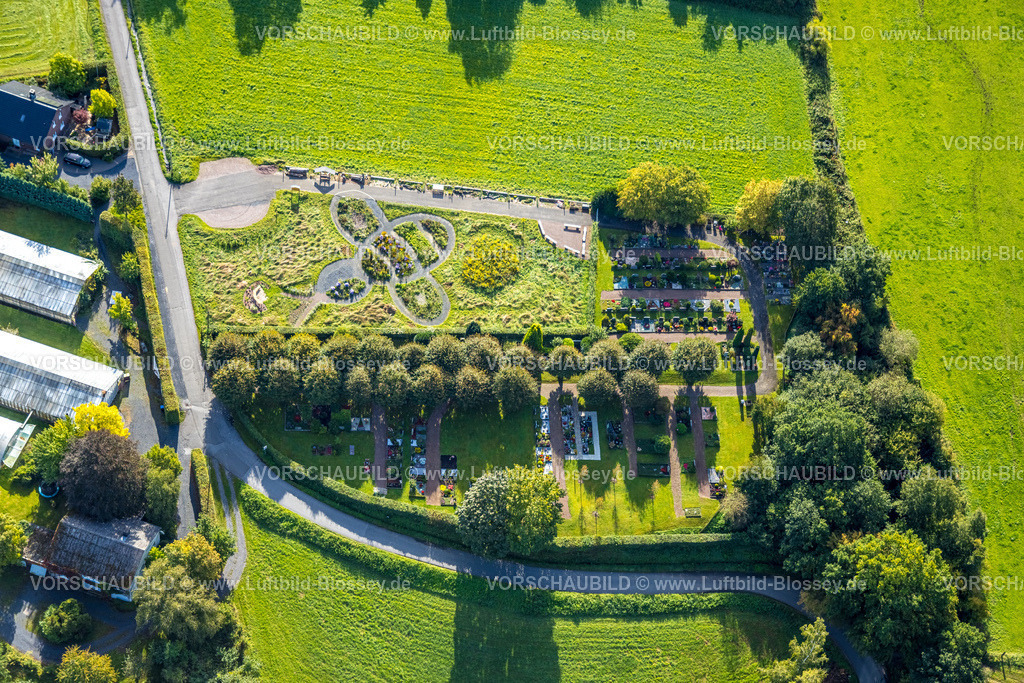 Arnsberg230904286 | Luftbild, Friedhof Bachum, Formen und Farben, Biene im Feld Blumenanlage, Bachum, Arnsberg, Sauerland, Nordrhein-Westfalen, Deutschland