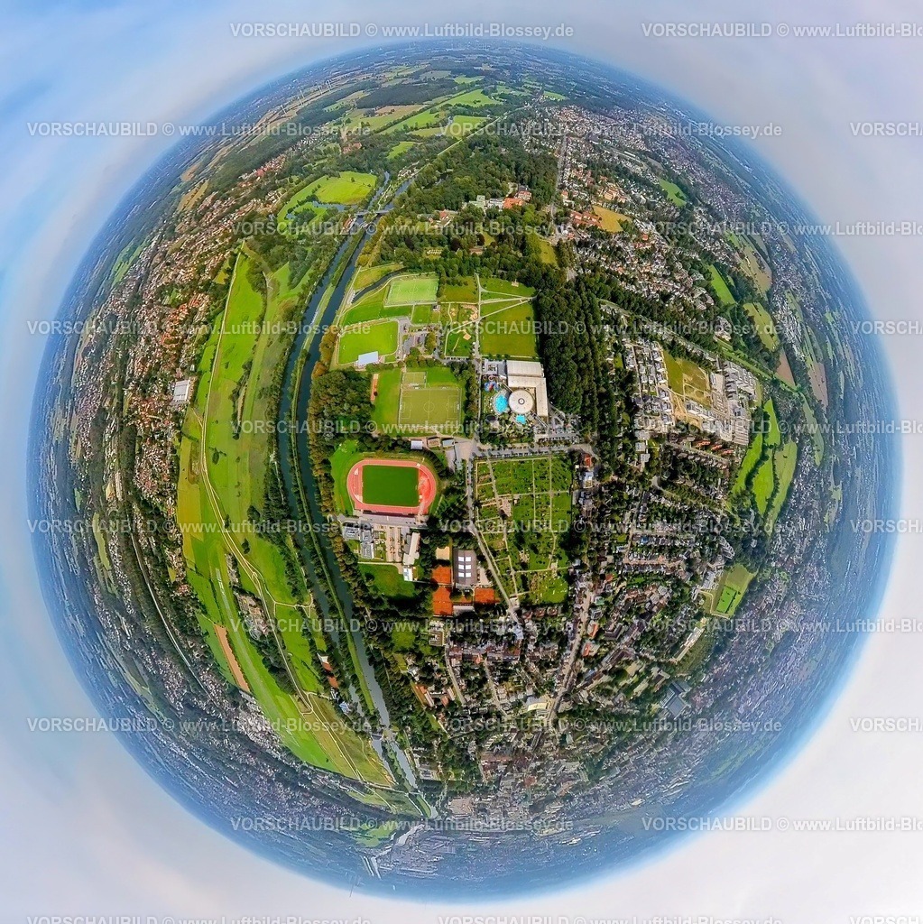 Hamm230990151 Sportzentrum Ost | Luftbild, Sportzentrum Ost mit Jahnstadion und Maximare Erlebnistherme, Datteln-Hamm-Kanal und Fluss Lippe, Erdkugel, Fisheye Aufnahme, Fischaugen Aufnahme, 360 Grad Aufnahme, tiny world, Mitte, Hamm, Ruhrgebiet, Nordrhein-Westfalen, Deutschland