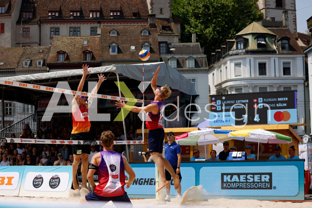 Obi BeachTour 2026 - Basel | BASEL, SWITZERLAND - JULY 19: MATHIS KÄLIN (SUI) attack / spike against LAURENZ LEITNER (AUT) block during the Obi BeachTour 2026 match between LEITNER / KINDL (AUT) and BREER / KÄLIN (SUI) at Barfüsserplatz on July 19, 2026 in Basel, Switzerland. - Realisiert mit Pictrs.com
