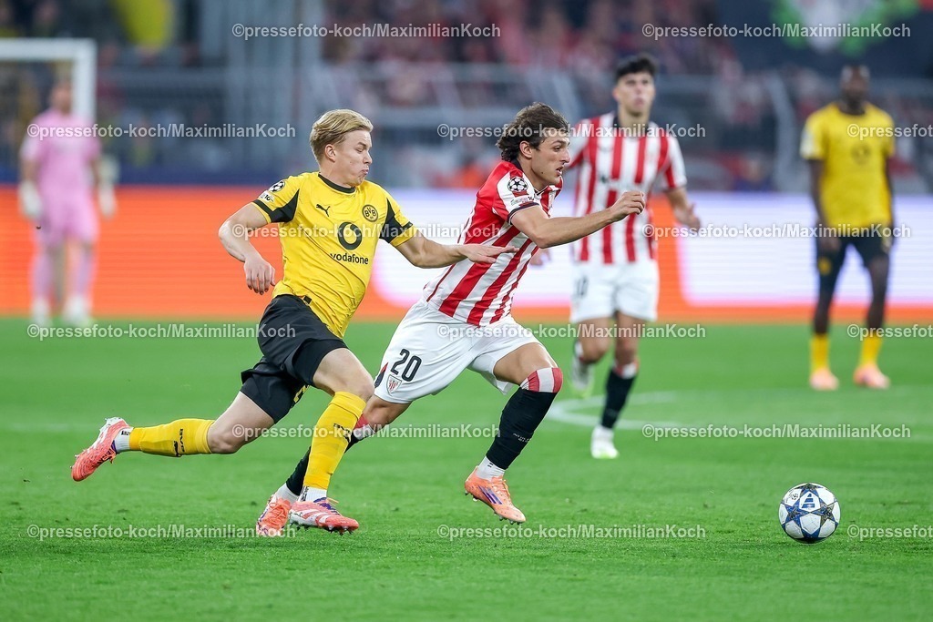 UCL01102501027 | 01.10.2025, Fußball, UEFA Champions League, Borussia Dortmund - Athletic Club Bilbao, BVB Stadion, 2. Spieltag, Saison 2025 2026: Daniel Svensson (BVB #24) im Zweikampf gegen  Unai Gomez (Bilbao #20)  Regulations prohibit any use of photographs as image sequences and or quasi-video.
