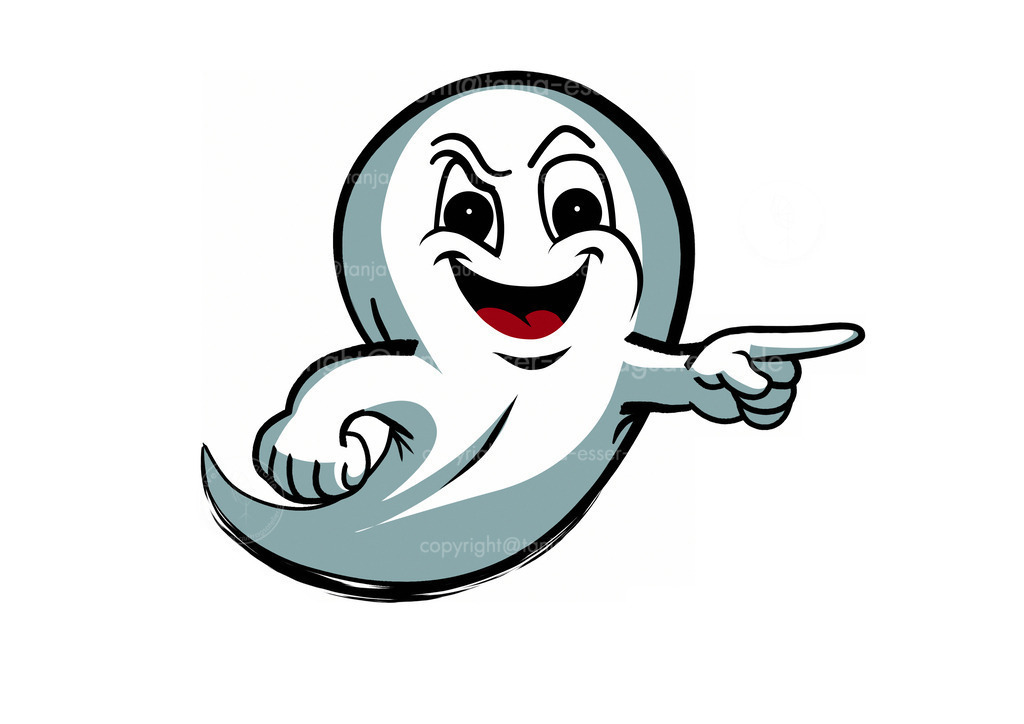 Frecher Geist zeigt in eine Richtung | Niedliches Gespenst lächelt frech und zeigt in eine Richtung. 