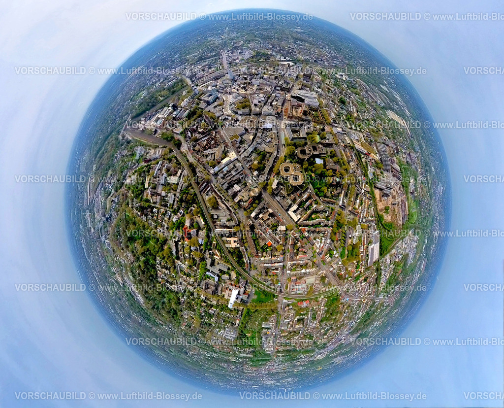 Bochum240490019Rathaus | Luftbild, Innenstadt City Ansicht mit Rathaus, Erdkugel, Fisheye Aufnahme, Fischaugen Aufnahme, 360 Grad Aufnahme, tiny world, little planet, fisheye Bild, Gleisdreieck, Bochum, Ruhrgebiet, Nordrhein-Westfalen, Deutschland