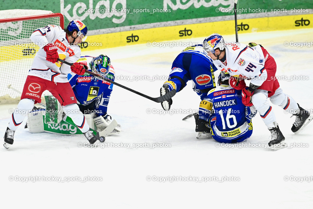 EC IDM Wärmepumpen VSV vs. EC Red Bull VSV | #16 Kevin Hancock EC VSV, #44 Brandon Coe EC Red Bull Salzburg, #74 Travis St. Denis EC Red Bull Salzburg, #35 Joe Cannata EC VSV, EC IDM Wärmepumpen VSV vs. EC Red Bull VSV, EC IDM Wärmepumpen VSV vs. EC Red Bull Salzburg am 16.01.2026 in Villach (Stadthalle Villach), Austria, (Photo by Bernd Stefan)