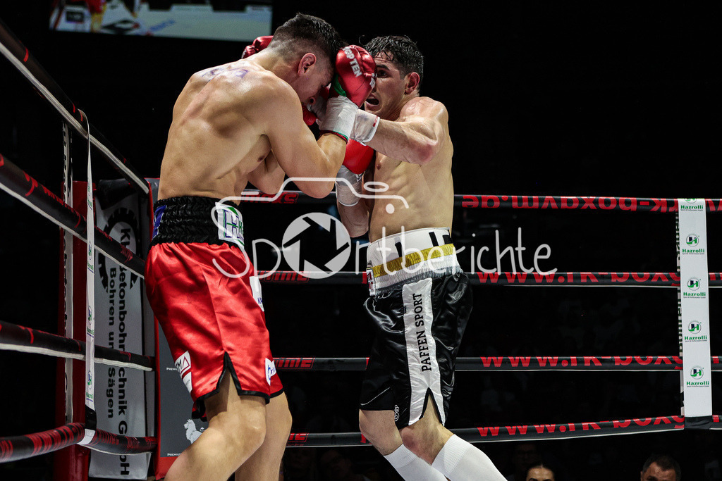 Profi - Box - Gala / Main Event | Robin KRASNIQI (rote Hose) in seinem Kampf gegen Rimour NIKARKHOEV (Schwarze Hose)