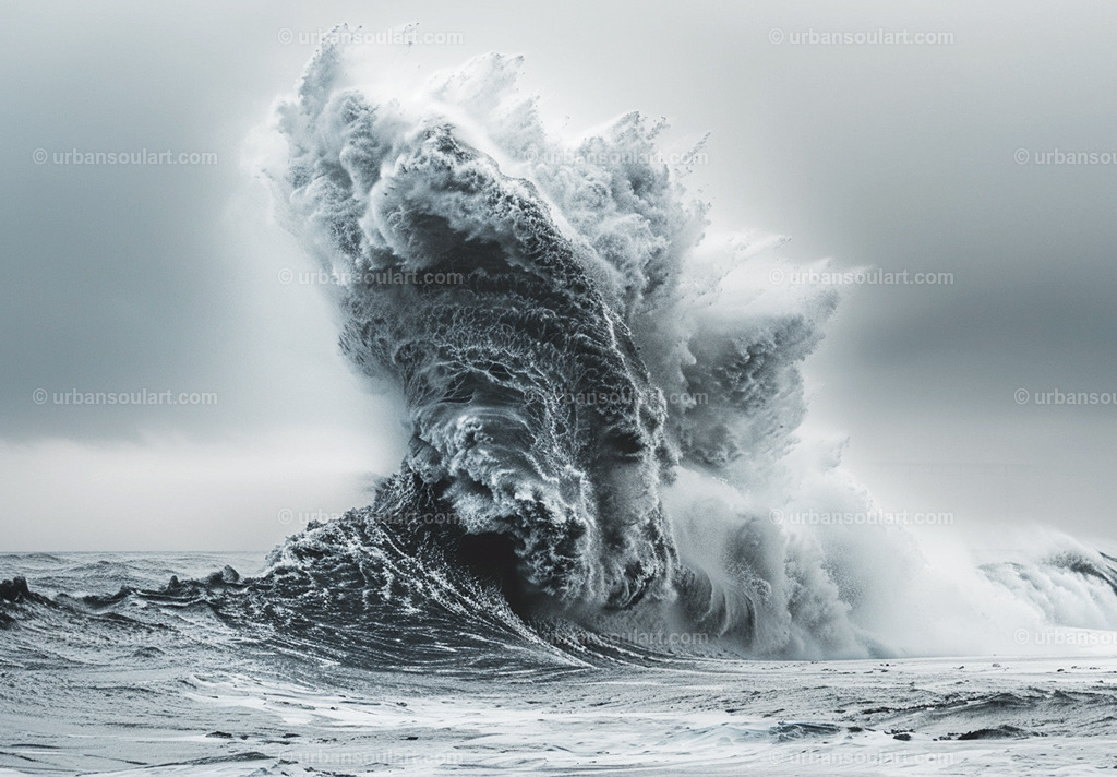 Huge Wave Breaking Over Shore | A powerful black-and-white canvas capturing the majesty of a huge wave crashing on the shore. Perfect for ocean lovers and those drawn to nature's raw beauty. - Realisiert mit Pictrs.com