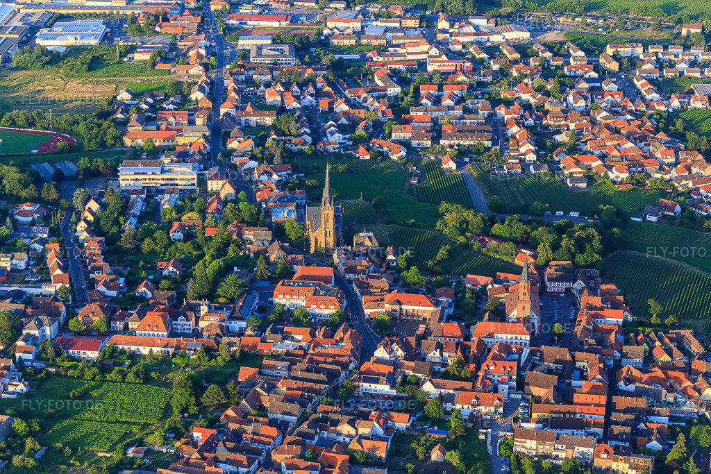 Luftbild: Protestantische Kirche Edenkoben und St. Ludwig in Edenkoben im Bundesland Rheinland-Pfalz in Deutschland.Foto: IMG_082744.jpg vom 25.06.2015 durch Werner Riehm/FLY-FOTO.deAuflösung des Originals: 5472 x 3648 pxWWW.EVKIRCHE-EDENKOBEN.DE