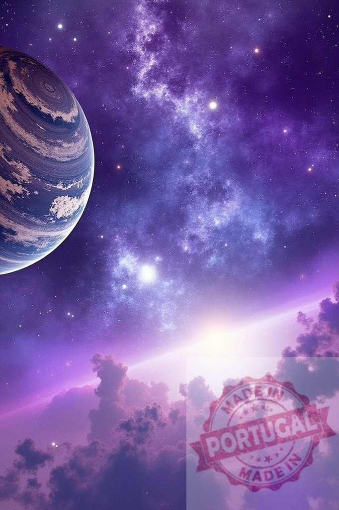 Cosmic alien planet with vibrant purple nebula | Distant planet orbiting in a colorful nebula field with glowing stars - Realisiert mit Pictrs.com
