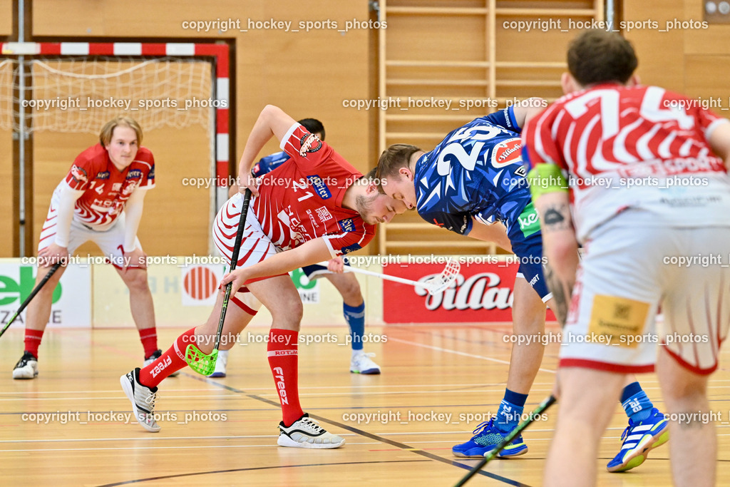 VSV Unihockey vs. KAC Floorball | #21 Tobias Grabner KAC Floorball, #25 Jan Blazic VSV Unihockey, VSV Unihockey vs. KAC Floorball, VSV Unihockey vs. KAC Floorball am 12.04.2025 in Villach (Ballspielhalle St. Martin), Austria, (Photo by Bernd Stefan)