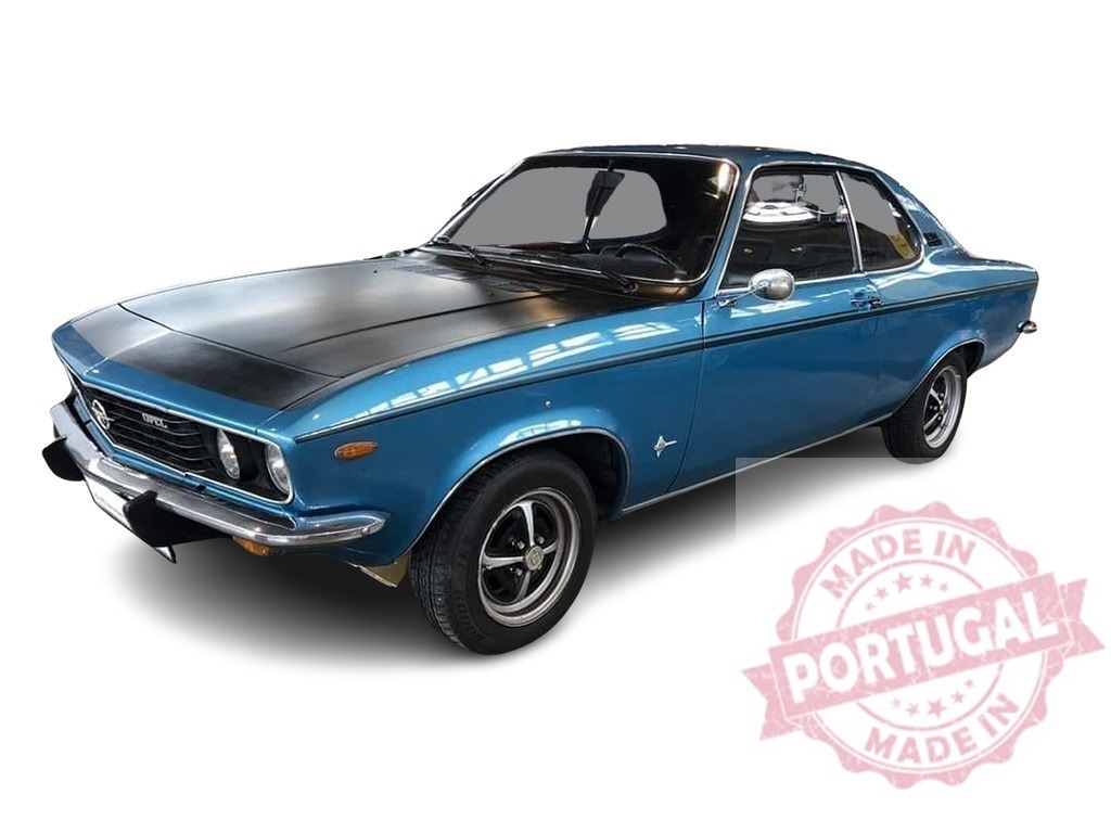 Shiny blue Opel Manta A posing in studio | Classic Opel Manta A with black hood parked in studio with white background - Realized with Pictrs.com
