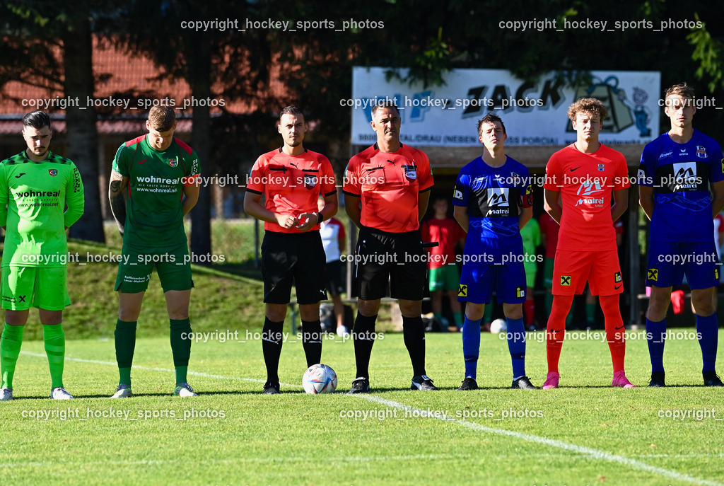 FC Gmünd vs. Union Matrei 19.8.2023 | #22 Alexander Andreas Stranner, #8 Domenik Steiner, Omerhodzic Edin, Muharemovic Hasan, Referees, #20 Mathias Berger, #1 Raphael Bstieler, #4 Martin Wibmer