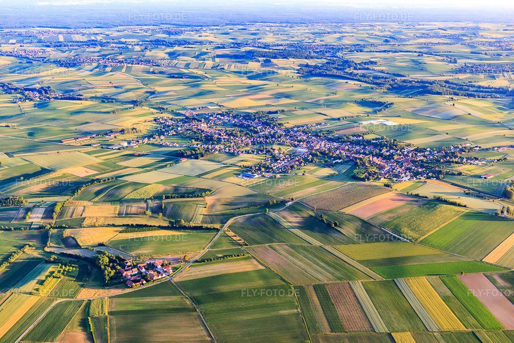 Luftbild: Dorfübersicht aus Nordosten in Seebach im Bundesland Bas-Rhin in Frankreich. – Foto: IMG_115549.jpg vom 16.06.2019 durch Werner Riehm/FLY-FOTO.de – Auflösung des Originals: 5472 x 3648 px