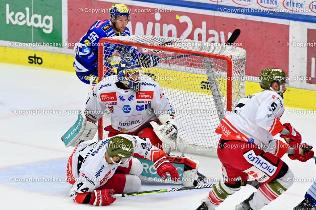 EC IDM Wärmepumpen VSV vs. HC Bozen 19.9.2023 | #44 Valentine Scott, #1 Svedberg Niklas, #6 Lessio Lucas, #55 SABOLIC Robert,  win2day icehockeyleague, EC IDM Wärmepumpen - HC Bozen  am 19.09.2023 in Villach (Stadhalle Villach), Austria, (Photo by Bernd Stefan)