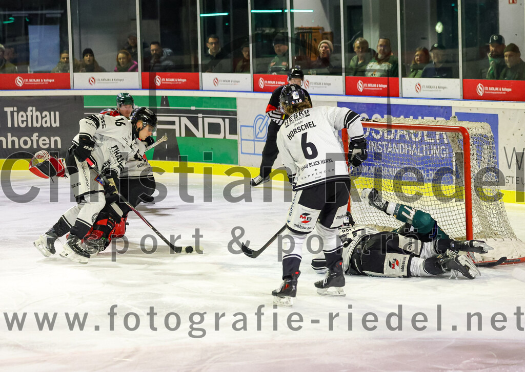 2026-01-30_084_TSV_Erding_gegen_EHF_Passau_Black_Hawks | Erding, Deutschland, 30.01.2026:Eishockey, Oberliga Süd 2025 / 2026, 42. Spieltag, TSV Erding gegen EHF Passau Black Hawks, Endergebnis: 2:6Philipp Faulhaber (EHF Passau Black Hawks, #16), Tom Horschel (EHF Passau Black Hawks, #6), Philipp Michl (Erding Gladiators, #77)Foto: Christian Riedel / fotografie-riedel.net