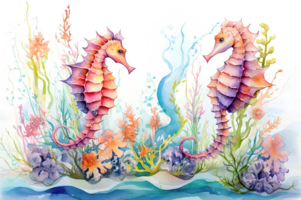 2401044 - Seepferdchen | Zwei Seepferdchen in einer bunten Unterwasserlandschaft im Stil einer Aquarell-Illustration.