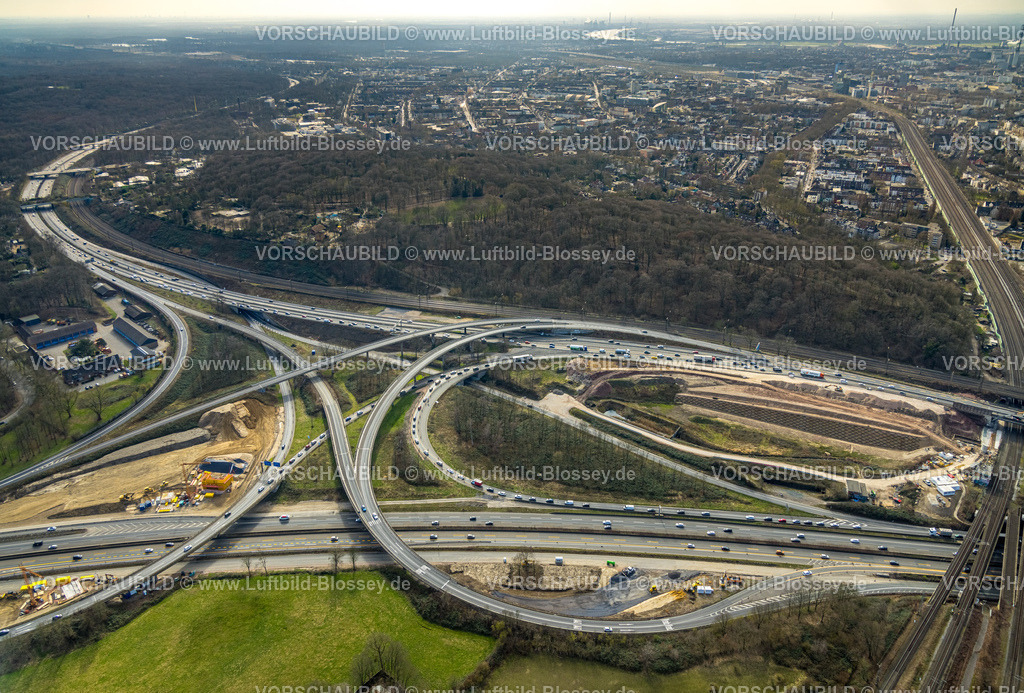 Duisburg240304111 | Luftbild, Autobahnkreuz Kaiserberg der Autobahnen A40 und A3 mit Baustellen, Duissern, Duisburg, Ruhrgebiet, Nordrhein-Westfalen, Deutschland, Duisburg-S