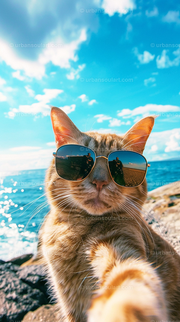 Cat Wearing Sunglasses Taking Selfie | A playful and fun image of a cool cat wearing sunglasses, posing for a selfie by the sea. Perfect for cat lovers, this canvas adds a humorous and unique touch to any room with its lighthearted beach vibe. - Realisiert mit Pictrs.com