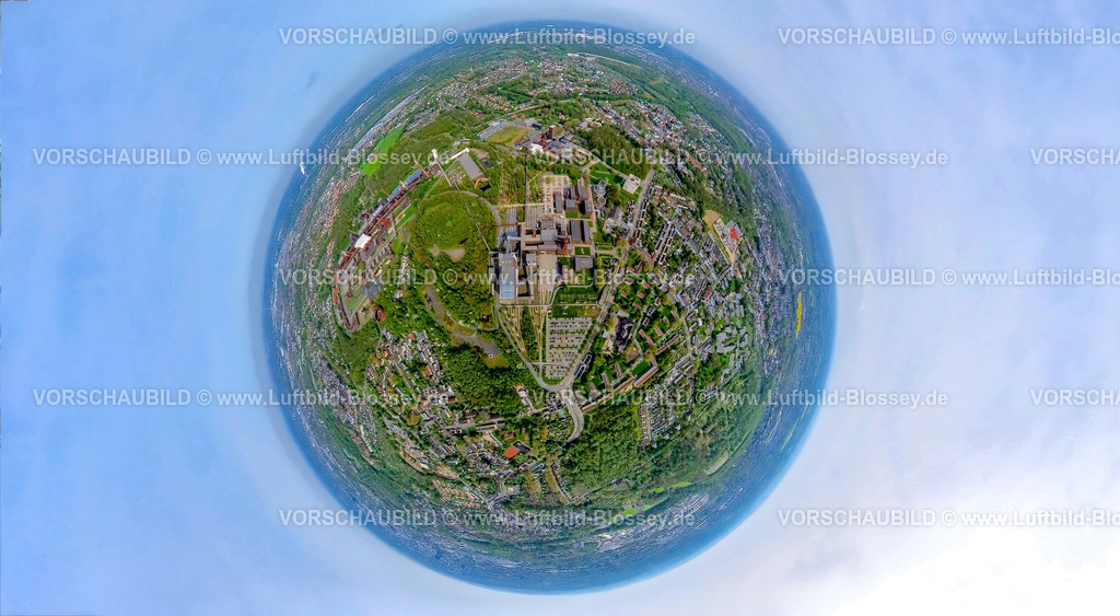 Essen240490045ZecheZollverein | Luftbild, UNESCO-Welterbe Zollverein, Zeche Zollverein und Kokerei, Erdkugel, Fisheye Aufnahme, Fischaugen Aufnahme, 360 Grad Aufnahme, tiny world, little planet, fisheye Bild, Stoppenberg, Essen, Ruhrgebiet, Nordrhein-Westfalen, Deutschland