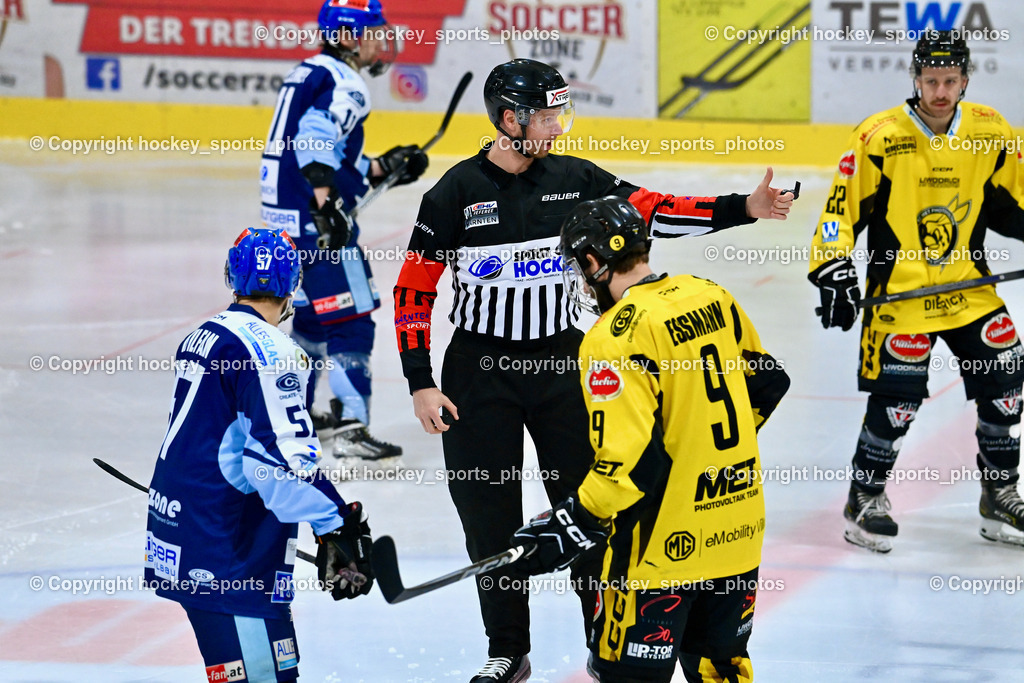 ESC Steindorf vs. EC Hornets Spittal 20.2.2024 | #57 Wilfan Franz ESC Steindorf, #9 Essmann Kevin EC Hornets Spittal, Orel Stephan Referee, #22 Thaler Tim EC Hornets Spittal, ESC Steindorf vs. EC Hornets Spittal 20.2.2024, ESC Steindorf vs. EC Hornets Spittal 20.2.2024 am 20.02.2024 in Steindorf (Ossiachersee Halle), Austria, (Photo by Bernd Stefan)