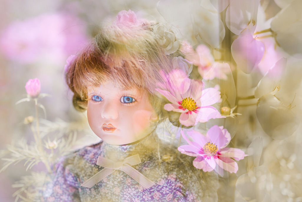 Blumen-Puppe | Eine Puppe im romantischen Kleid umgeben von rosafarbenen Blüten, die die Objekte des Bildes traumhaft weich miteinander verschmelzen. — Auflösung des Originals: 8256 x 5504 px. - Realisiert mit Pictrs.com