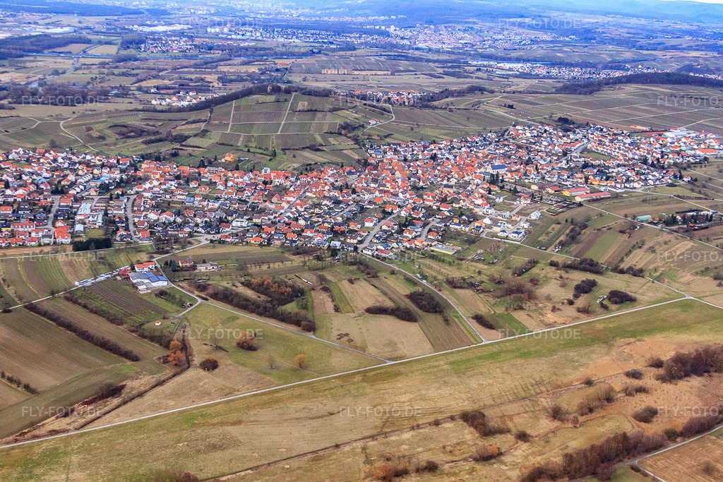 Luftbild: Ortsansicht von Süden in Malsch im Bundesland Baden-Württemberg in Deutschland. – Foto: IMG_24735.jpg vom 27.02.2010 durch Werner Riehm/FLY-FOTO.de – Auflösung des Originals: 4752 x 3168 px