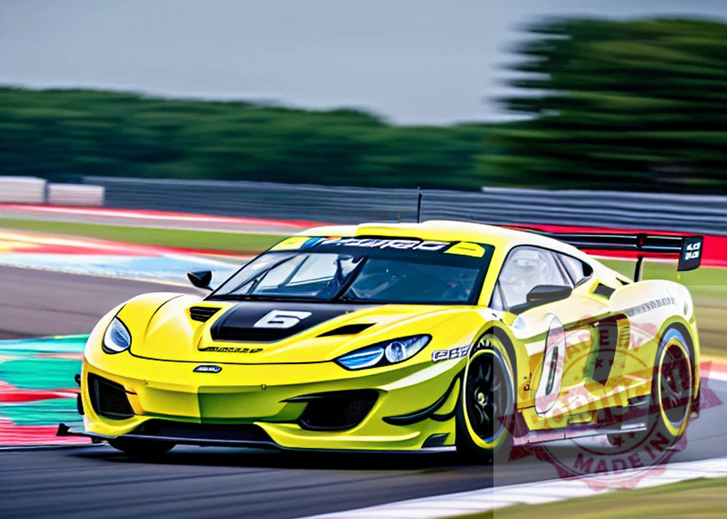 Yellow race car speeding on a motor sport track. AI Experiments | Yellow sports car racing fast on a paved circuit during an event - Realized with Pictrs.com