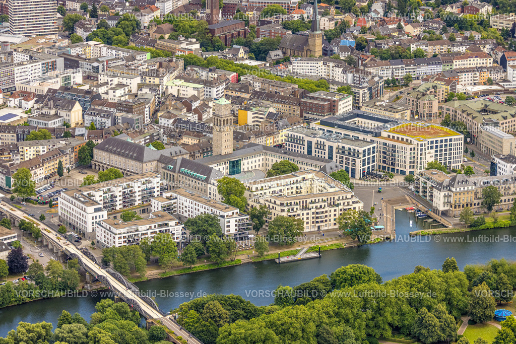 Muelheim240702986 | Luftbild, City Stadtzentrum Ruhrpromenade und historisches Rathaus, kleiner Stadthafen, Stadtviadukt und Radschnellweg Ruhr RS1, Fluss Ruhr, Altstadt II, Mülheim an der Ruhr, Ruhrgebiet, Nordrhein-Westfalen, Deutschland