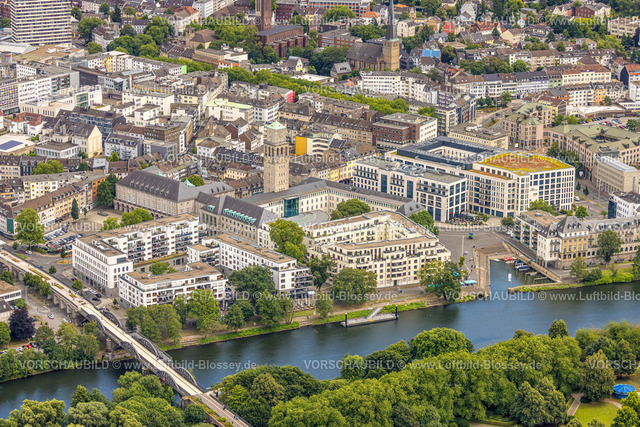 Muelheim240702986 | Luftbild, City Stadtzentrum Ruhrpromenade und historisches Rathaus, kleiner Stadthafen, Stadtviadukt und Radschnellweg Ruhr RS1, Fluss Ruhr, Altstadt II, Mülheim an der Ruhr, Ruhrgebiet, Nordrhein-Westfalen, Deutschland