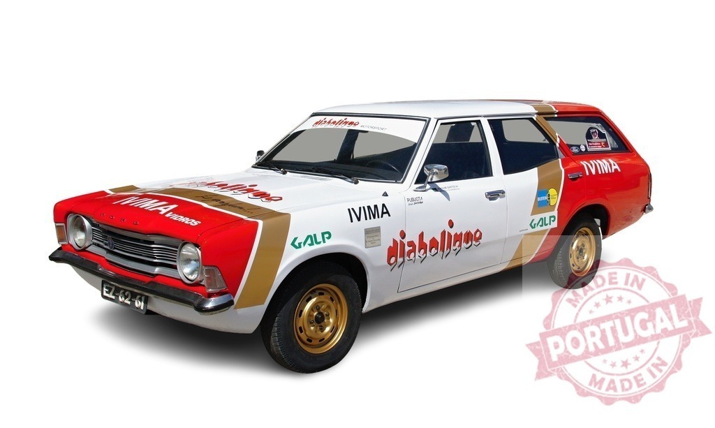 Ford Cortina station wagon showcasing racing livery and sponsors | Classic Ford Cortina station wagon, sporting a vibrant racing livery and prominent sponsor logos, evokes the spirit of motorsport - Realisiert mit Pictrs.com