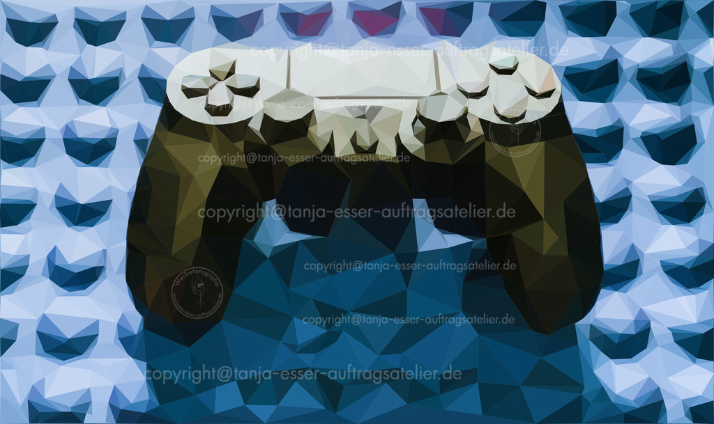 Spielekonsole auf noppigem Untergrund als Polygon Illustration | Schwarze Spielekonsole auf blauem strukturiertem Untergrund. Ilustration in Low Poly Art.