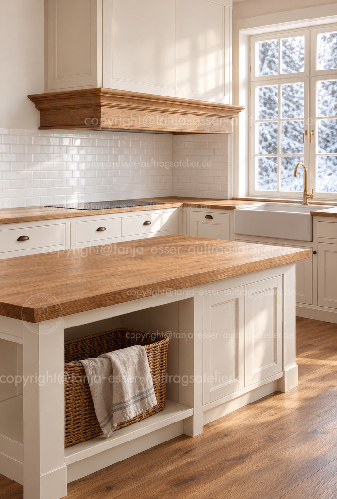 Moderne helle Küche im Winter mit Copy Space für Produkte | Leere, moderne Landhausküche mit hölzerner Kücheninsel, weißen Fronten und Spülbecken. Sonnenlicht fällt durch das Fenster mit Blick auf eine verschneite Winterlandschaft. Viel Platz für Deko oder Produkte. Überarbeitete generative KI.