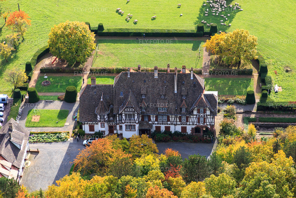 Luftbild: Villa Le Riesack in Niederbronn-les-Bains im Bundesland Bas-Rhin in Frankreich.Foto: IMG_084722.jpg vom 23.10.2015 durch Werner Riehm/FLY-FOTO.deAuflösung des Originals: 5274 x 3516 pxGite de groupe en Alsace. Fetes de famille. Villa le Riesack. Capacit\xc3\xa9: 30 \xc3\xa0 50 Personnes