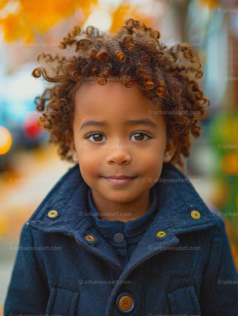 Black Boy With Curly Hair And Blue Jacket | This charming canvas captures the innocence and warmth of a young boy with curly hair, wearing a navy blue jacket against an autumn backdrop. Ideal for adding a touch of coziness and character to any space, it’s perfect for those who appreciate heartwarming, expressive art. - Realisiert mit Pictrs.com