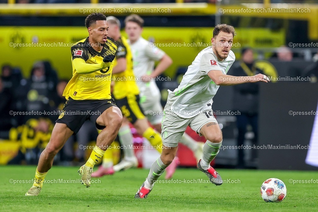 BVB13012601064 | 13.01.2026, Fußball, Borussia Dortmund - SV Werder Bremen,, 1. Fußball Bundesliga, 17. Spieltag, Signal Iduna Park, Saison 2025 2026: Felix Nmecha (BVB #08) im Zweikampf gegen  Senne Lynen (SV Werder Bremen #14)  DFB regulations prohibit any use of photographs as image sequences and or quasi-video.