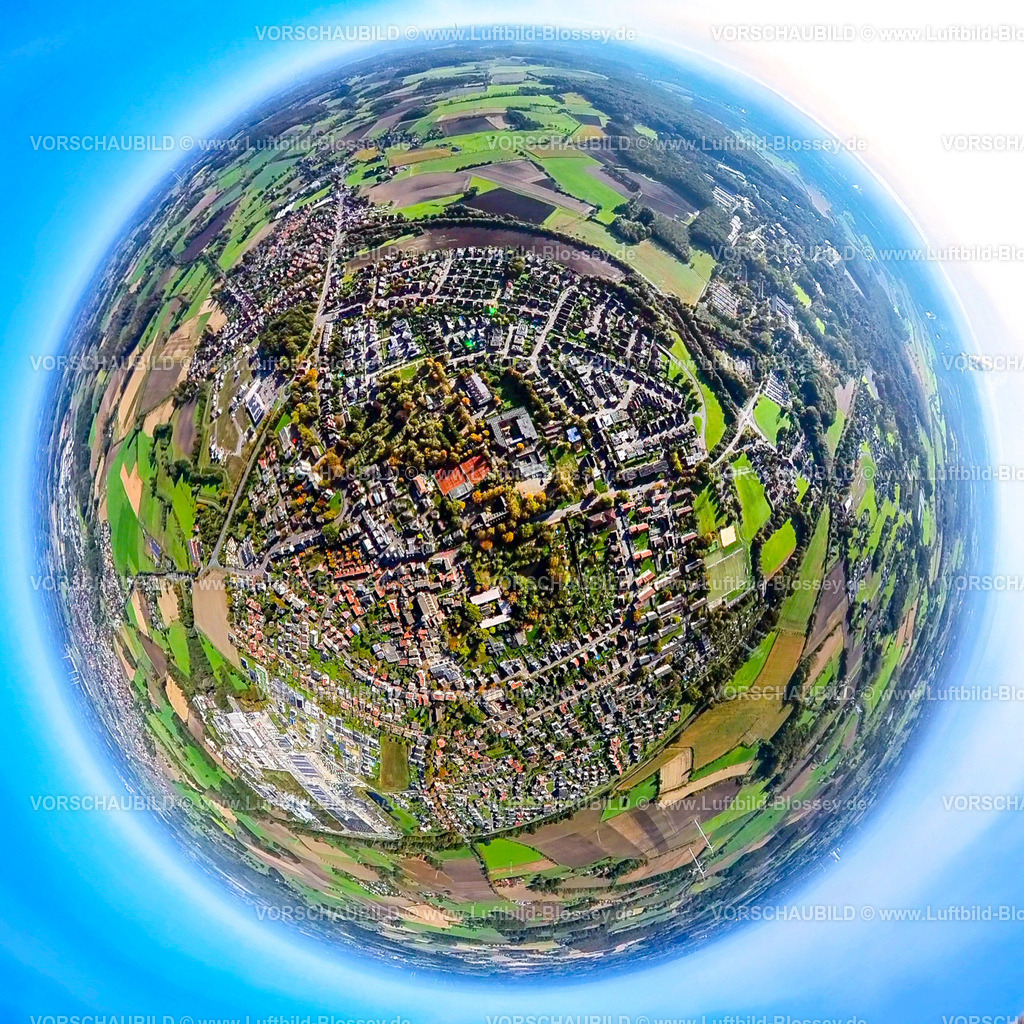 Selm241190519Bork | Luftbild, Wohngebiet Ortsansicht Bork, Erdkugel, Fisheye Aufnahme, Fischaugen Aufnahme, 360 Grad Aufnahme, tiny world, little planet, fisheye Bild, Bork, Selm, Ruhrgebiet, Nordrhein-Westfalen, Deutschland