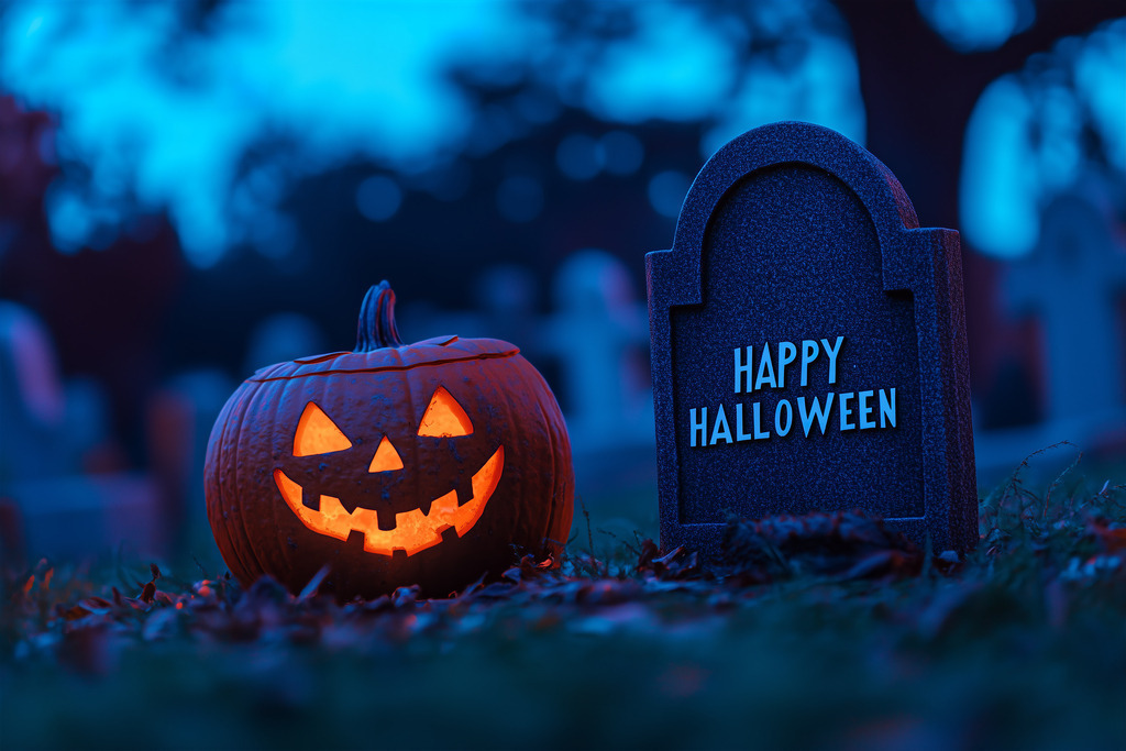 HAPPY HALLOWEEN: Kürbis auf einem Friedhof | Halloweengrüße: Halloween auf einem Friedhof mit Text HAPPY HALLOWEEN - Realisiert mit Pictrs.com