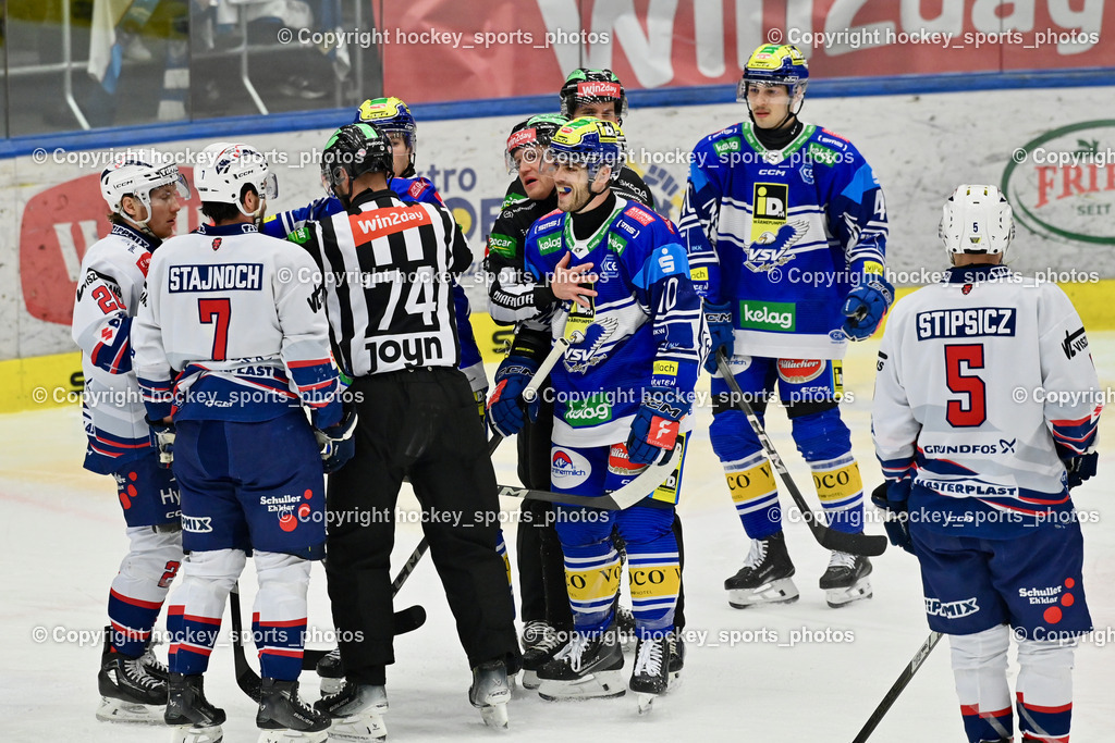 EC IDM Wärmepumpen VSV vs. Hydro Fehervar AV19  | #7 Stajnoch Martin HYDRO FEHERVAR, #26 Kulmala Rasmus HYDRO FEHERVAR, #10 VALLANT Thomas EC VSV, Bedenke Sebastian Referee, Vaczi David Referee, #40 WALLENTA Elias EC VSV, #5 Stipsicz Bence HYDRO FEHERVAR, EC IDM Wärmepumpen VSV vs. Hydro Fehervar AV19 , EC IDM Wärmepumpen VSV vs. Hydro Fehervar AV19  am 01.01.2025 in Villach (Stadthalle Villach), Austria, (Photo by Bernd Stefan)