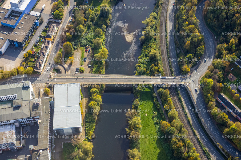Wetter221017266 | Luftbild, Overwegbrücke Ruhrbrücke Grundschötteler Straße, Fluss Ruhr, Ruhrtalradweg, Wetter, Wetter, Ruhrgebiet, Nordrhein-Westfalen, Deutschland