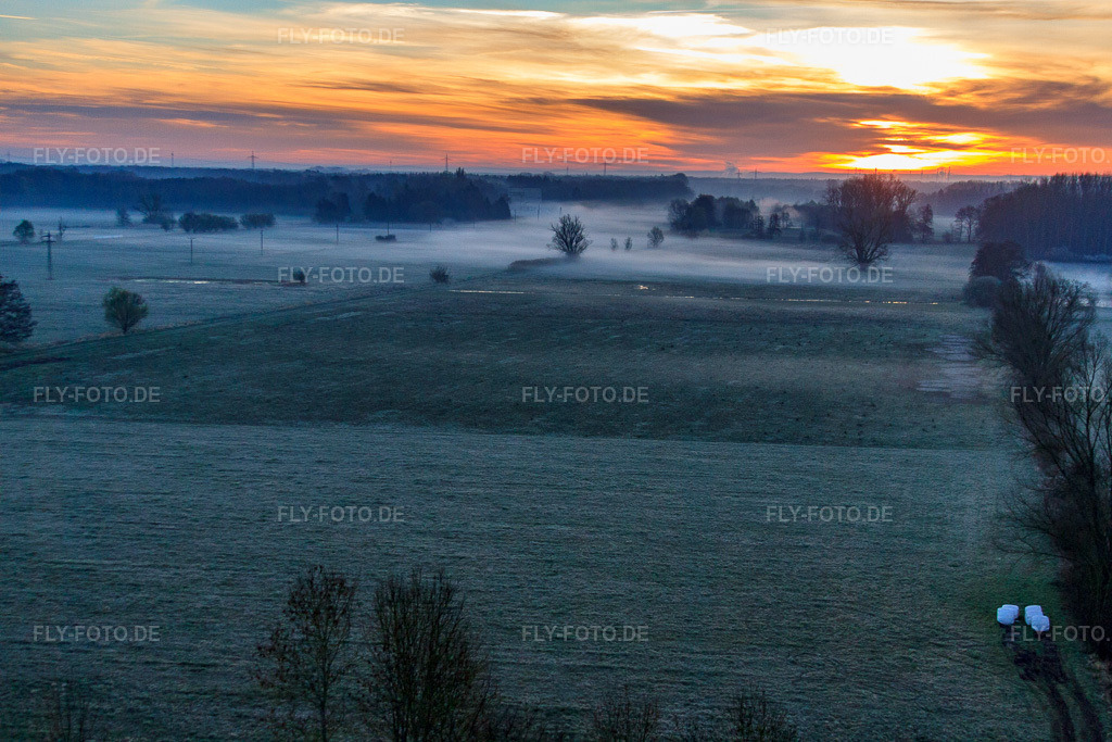 Luftbild: Otterbachniederung im Morgendunst bei Sonnenaufgang in Minfeld im Bundesland Rheinland-Pfalz in Deutschland. Foto: IMG_63001.jpg vom 20.03.2014 durch Werner Riehm/FLY-FOTO.de