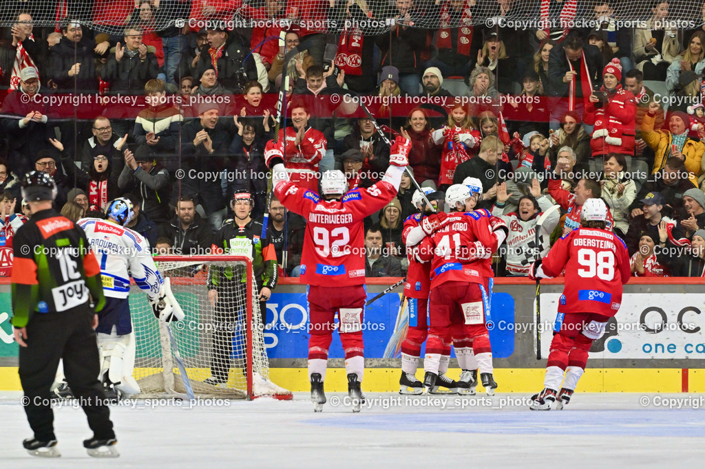 EC KAC vs. EC IDM Wärmepumpen VSV 4.2.2024 | Jubel EC KAC Mannschaft, #1 1 Lamoureux Jean Philippe, #92 Unterweger Clemens, #41 Jensen Aabo Jesper, #98 Obersteiner Daniel