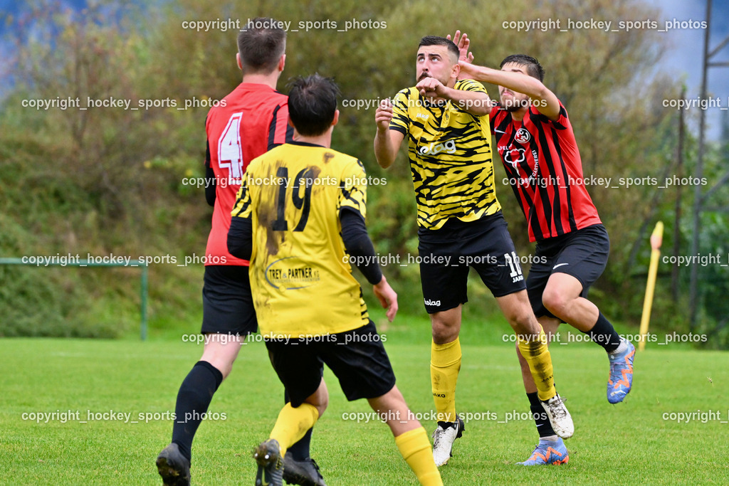 FC Faakersee vs. FC-WR Nussdorf Debant | #19 Felix Maximilian Opriessnig FC Faakersee, #4 Tobias Jeller FCWR Nussdorf Debant, #10 Marco Pehr FC Faakersee, #5 Ivan Makovec FCWR Nussdorf Debant,  FC Faakersee vs. FC-WR Nussdorf Debant, FC Faakersee vs. FC-WR Nussdorf Debant am 28.09.2024 in Finkenstein (Sportplatz Faakersee), Austria, (Photo by Bernd Stefan)