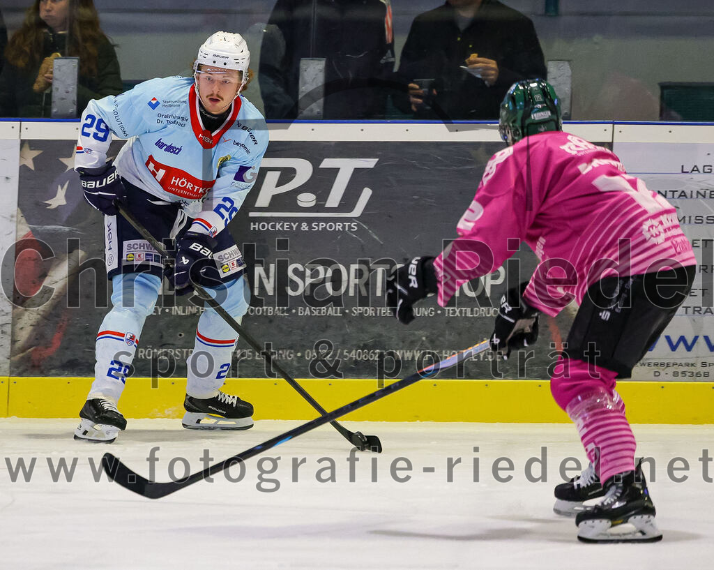 2025-10-05_042_TSV_Erding_gegen_Heilbronner_Falken | Erding, Deutschland, 05.10.2025:Eishockey, Oberliga Süd 2025 / 2026, 6. Spieltag, TSV Erding gegen Heilbronner Falken, Endergebnis: 3:1Calder Anderson (Heilbronner Falken, #29)Foto: Christian Riedel / fotografie-riedel.net