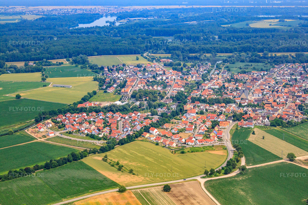 Luftbild: Dorfansicht aus Nordwesten in Leimersheim im Bundesland Rheinland-Pfalz in Deutschland. Foto: IMG_29767.jpg vom 02.07.2010 durch Werner Riehm/FLY-FOTO.de