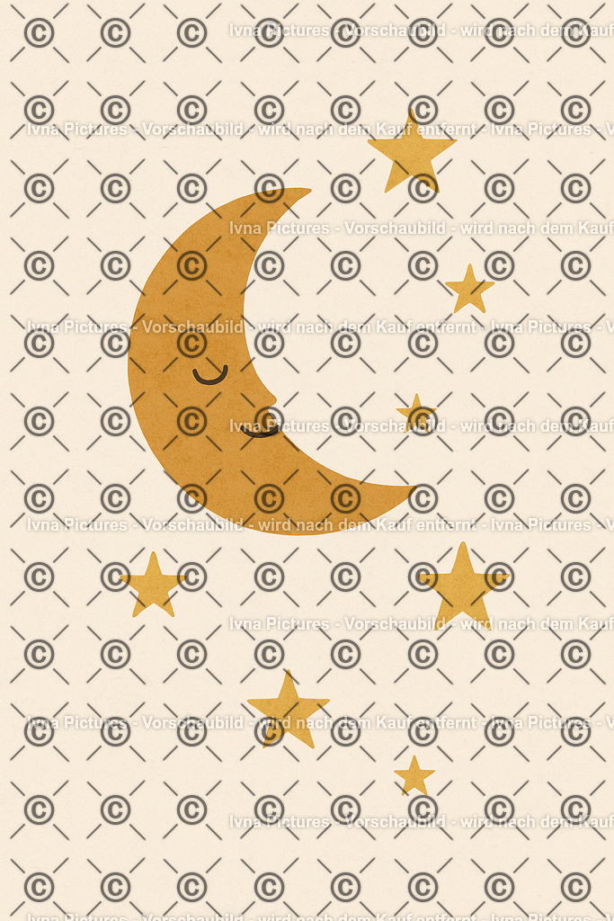 Schlummernder Mond  | Eine minimalistische Illustration im skandinavischen Stil zeigt einen sanft lächelnden Halbmond, umgeben von goldenen Sternen auf hellem Hintergrund – ein Symbol für Ruhe, Geborgenheit und friedvolle Träume. - Realisiert mit Pictrs.com
