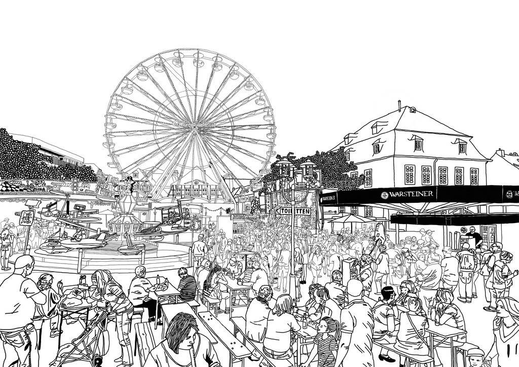 Kirmes | Illustration der Innenstadt Kirmes in Brilon, der Michaelis Kirmes. Der Marktplatz mit dem Riesenrad ist zu sehen sowie Getränkestand, Losbude und Kinderkarussell vor historischer Architektur. Außenlinien zum Ausmalen und Colorieren. 