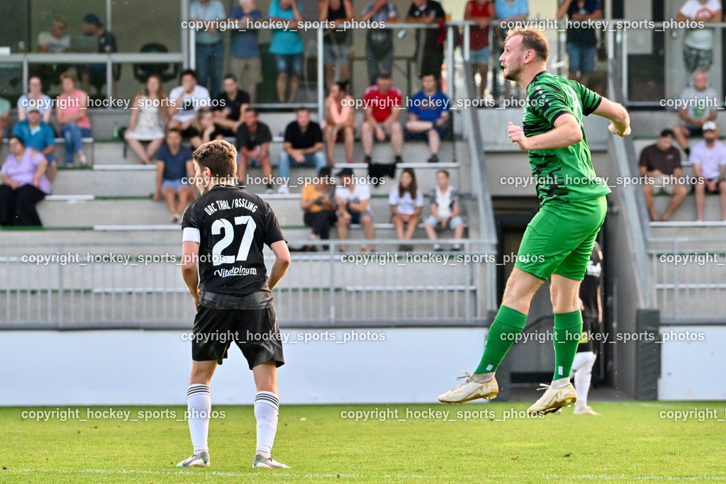 SC Landskron vs. Thal Assling  | #27 Dominik Klaus Kofler Thal Assling, #18 Alexander Reichmann SC Landskron, SC Landskron vs. Thal Assling , SC Landskron vs. Thal Assling  am 09.08.2024 in Villach (Sportanlage Landskron), Austria, (Photo by Bernd Stefan)