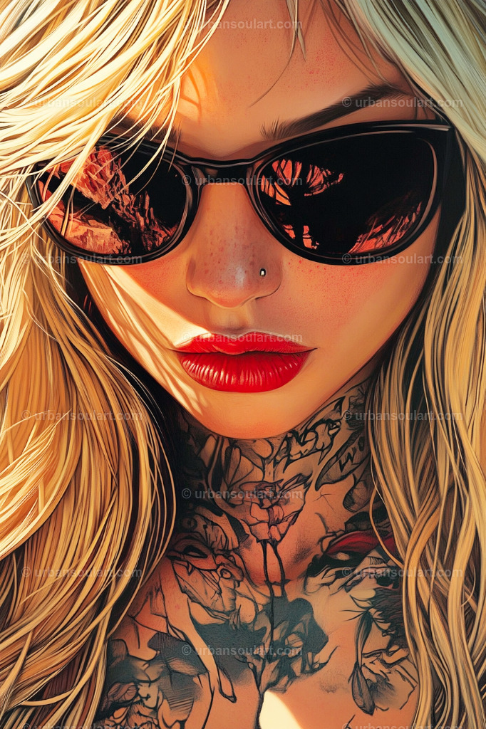 Tattooed Blonde With Sun Glasses | This bold canvas artwork features a tattooed blonde woman wearing sleek sunglasses and vibrant red lipstick. The intricate tattoo details and striking colors create a powerful, edgy aesthetic. Perfect for modern spaces, this piece is ideal for those who appreciate contemporary art with a rebellious, captivating vibe that grabs attention. - Realisiert mit Pictrs.com