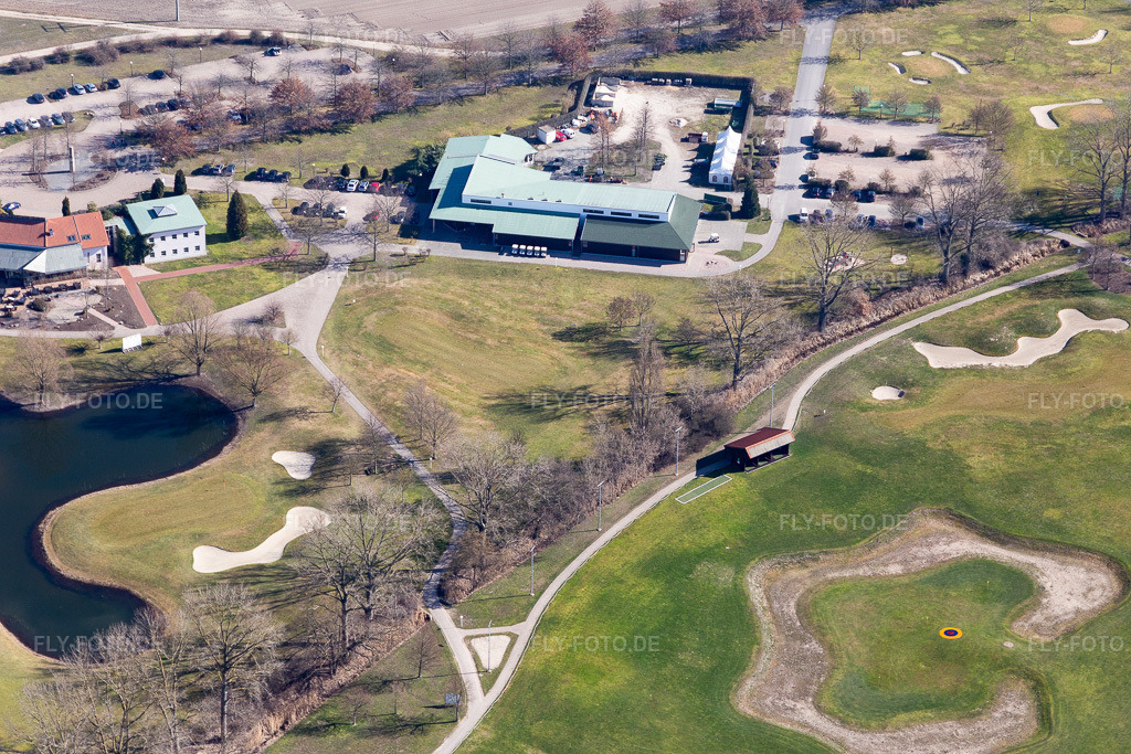 Luftbild: Clubhaus des Gelände des Golfplatz Golfplatz Kurpfalz in Limburgerhof in Schifferstadt im Bundesland Rheinland-Pfalz in Deutschland. Foto: IMG_112827.jpg vom 27.02.2019 durch Werner Riehm/FLY-FOTO.de